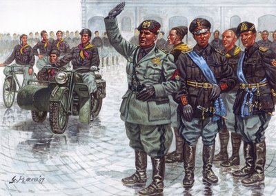 Le Duce Benito Mussolini (1883-1945), accompagné de ses Chemises noires (Camicie nere), faisant le salut fasciste lors d