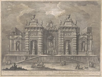 La Seconde Machine pour la Chinea de 1774 : Une villa avec des monuments anciens et un jeu de "Giostra" - Giuseppe Vasi, after Giuseppe Palazzi, after Paolo Posi