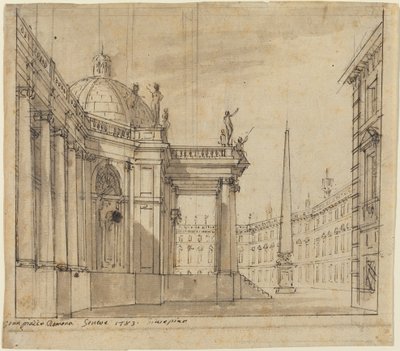 Décor de scène : Une place avec une église à dôme et un obélisque - Giuseppino Galliari