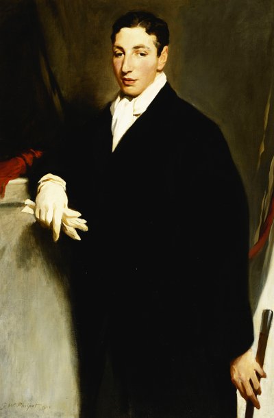 Portrait de Dennis Cohen, trois-quarts, portant un manteau noir et un gant blanc et tenant une canne - Glyn Warren Philpot
