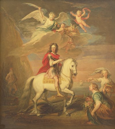 Guillaume III sur un cheval gris observé par Neptune, Cérès et Flore. Mercure dans le ciel et Astrea - Godfrey Kneller