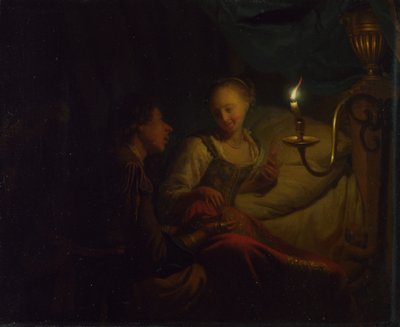 Scène à la chandelle. Un homme offrant une chaîne en or et des pièces à une fille assise sur un lit, vers 1665-1667 - Godfried Cornelisz Schalcken