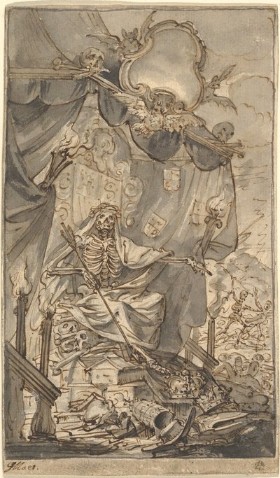 La Mort sur un trône à baldaquin, conception pour une page de titre, fin du XVIIe siècle - Godfried Maes
