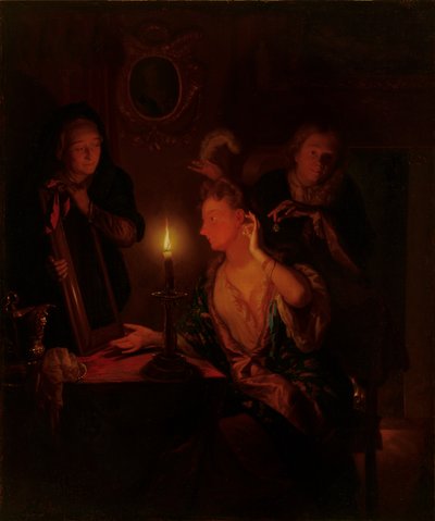 Dame devant un miroir à la lumière des bougies - Godfried Schalcken