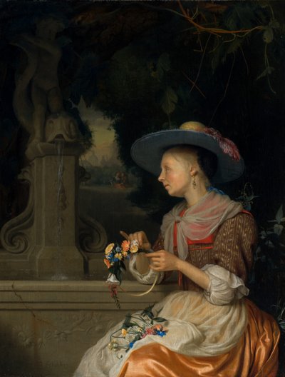 Femme tressant une couronne de fleurs, vers 1675-1680 - Godfried Schalcken