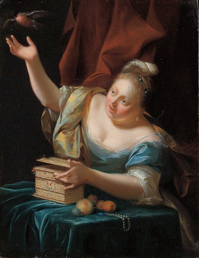 Une femme, assise à une table en costume de fantaisie, libérant un oiseau de sa cage - Godfried Schalcken