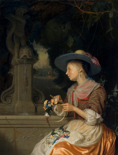 Femme tressant une couronne de fleurs - Godfried Schalcken