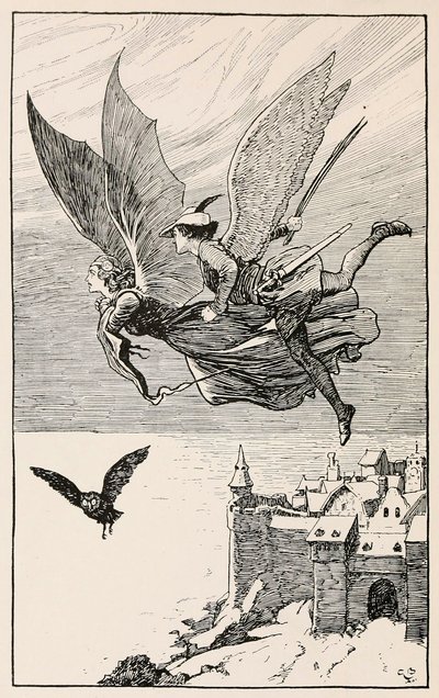 Le compagnon de voyage volait derrière elle, des Contes de fées de Hans Anderson, pub 1919 - Gordon Browne