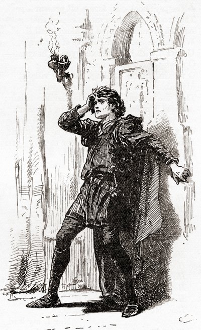 Scène de la pièce de William Shakespeare, Hamlet, Acte I, Scène 5, de Les Œuvres de William Shakespeare, publié en 1896 - Gordon Frederick Browne