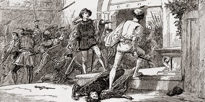 Scène de la pièce de William Shakespeare, Roméo et Juliette, Acte III, Scène 1, de Les Œuvres de William Shakespeare, publié en 1896 - Gordon Frederick Browne