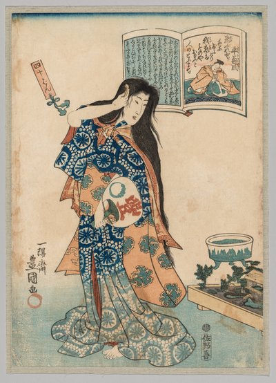 Femme avec un éventail dans la main gauche se peignant les cheveux, 1786-1864 - Gototei Kunisada