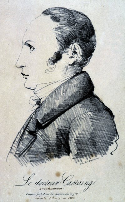Portrait du Dr. Castaing, empoisonneur. Il a utilisé du sel de morphine, chlorhydrate pour tuer son ami Hippolyte Ballet en 1823. Il a été exécuté à Paris en 1824. Lithographie par Engelmann d