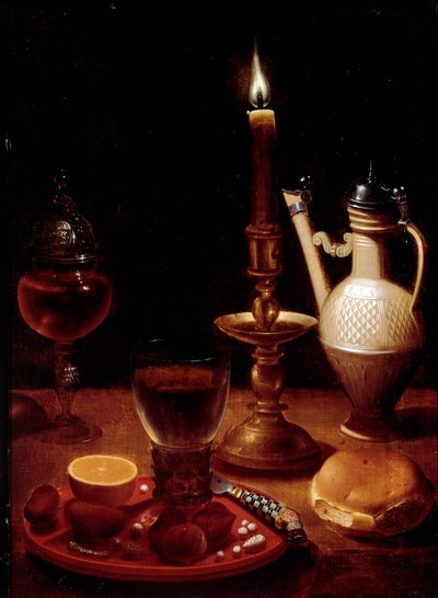 Nature morte avec bougie, verre de vin et orange - Gotthardt von Wedig