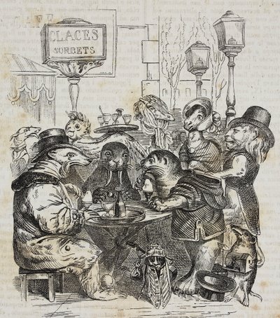 Bêtes assises à la boutique de crème glacée, lithographie de Giovanni Mariani d
