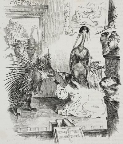 Chien et porc-épic, caricature de Jean-Jacques Grandville (1803-1847), lithographie de Giovanni Mariani de Poliorama Pittoresco, n 38, 30 avril - Grandville