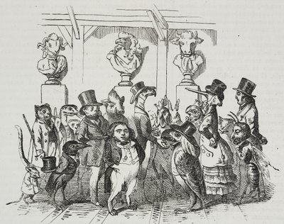 Sortie du théâtre, caricature de Jean-Jacques Grandville (1803-1847), lithographie de Giovanni Mariani de Poliorama Pittoresco, n 39, 7 mai - Grandville