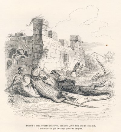 Lézard fumant au soleil avec un de ses amis. Vignettes illustrées par JJ Granville. Gravure signée Andrew, Best et Leloir dans "Souvenirs d