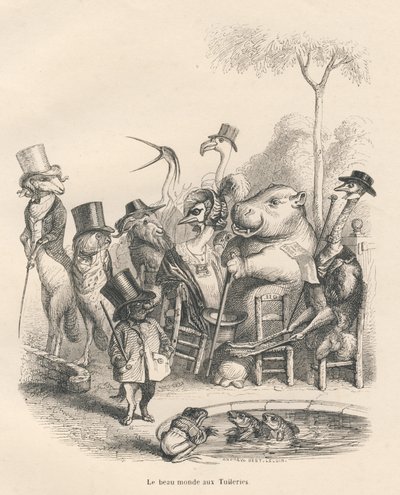 Animaux dans des tenues élégantes se promenant aux Tuileries (Histoire d