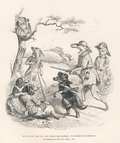 Animaux en chasseurs. Vignettes illustrées par JJ Granville. Gravure signée Andrew, Best et Leloir dans "Souvenirs d