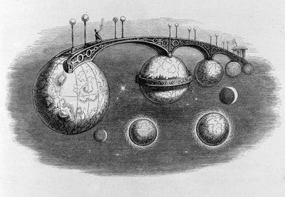 Pont reliant plusieurs planètes entre elles - gravure par Grandville - Grandville