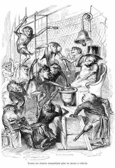 Caricature : La Chambre des Députés vue comme un Palais des Singes - Gravure de Grandville, extraite du livre Vie privée et publique des animaux, édition Hetzel 1867 p. 566 - Chapitre intitulé Tablettes de la Girafe - Grandville (1803 47)