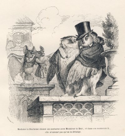 Chauve-souris écoutant une chouette et un hibou chanter - Grandville