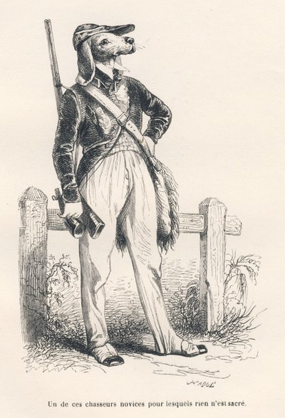 Chien en habits de chasse. Vignettes illustrées par JJ Granville. Gravure signée Caqué dans la partie intitulée "Souvenirs d