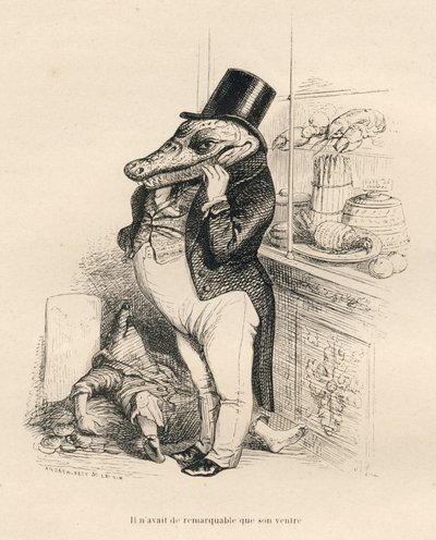 Crocodile habillé en dandy avec un gros ventre. Vignettes illustrées par JJ Granville. Gravure signée Brévière dans la partie intitulée "Mémoires d