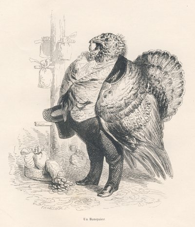 Dindon en banquier. Vignettes illustrées par JJ Granville. Gravure signée Tamisier dans "Souvenirs d