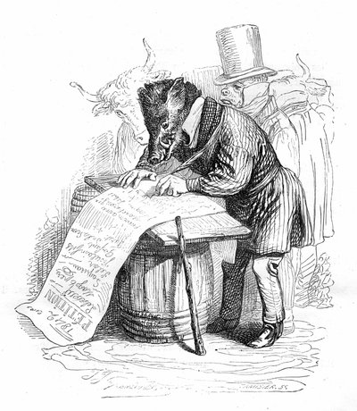 Gravure de Grandville extraite du livre « Vie privée et publique des animaux (Les animaux peints par eux-mêmes) », édition Hetzel 1867 - Caricature : sanglier écrivant une pétition. - Grandville (1803 47)