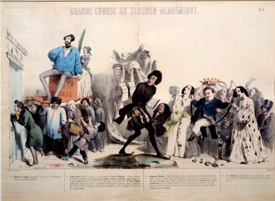 Grande course vers le clocher académique. Les écrivains Alfred de Vigny (1797-1863), Eugène Sue (1804-1857), Alexandre Dumas (1802-1870) et Honoré de Balzac (1799-1850) sont reconnus. Gravure par Gérard Grandville (1803-1847) - Grandville