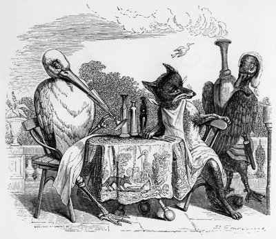 Fable de La Fontaine (par Jean de La Fontaine) : le Renard et la Cigogne, gravure par J.J. Grandville, c. 1838-40 - Grandville (1803 47)