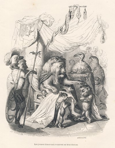 Les jeunes lionceaux reçoivent la bénédiction du roi lion. Vignettes illustrées par JJ Granville. Gravure signée Brévière dans "Voyage d