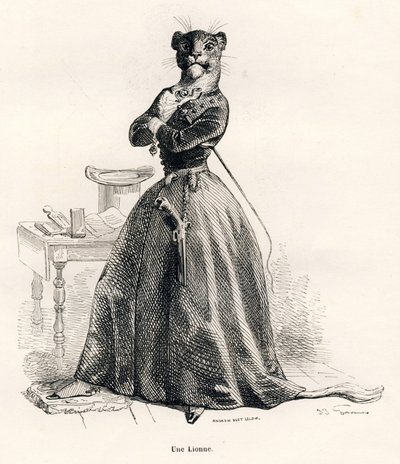Lionne avec un pistolet et un fouet. Vignettes illustrées par JJ Granville. Gravure signée Andrew, Best et Leloir dans "Voyage d