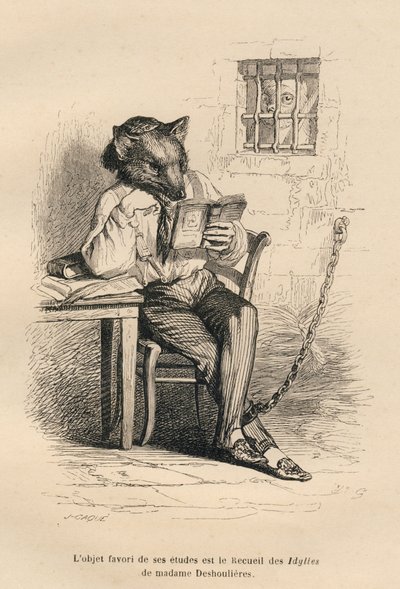 Loup lisant dans une prison - Grandville