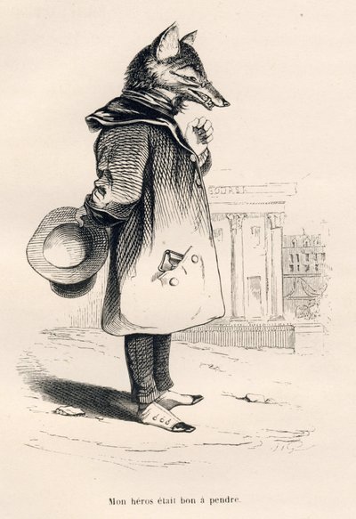 Mon héros était bon à prendre. Vignettes illustrées par JJ Granville. Gravure signée Godard dans la partie intitulée "Un renard pris au piège" écrit par Charles Nodier in "Scènes de la vie privée et publique des animaux". Paris, J. Hetzel et Paulin - Grandville