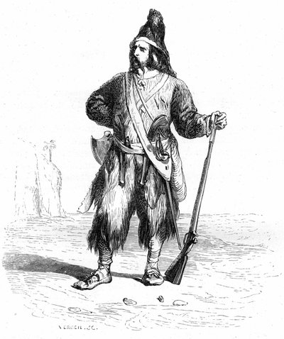 Portrait de Robinson Crusoé sur son île déserte avec son fusil et ses armes assorties à la ceinture - Illustration de Grandville du roman de Daniel Defoe (De Foe) - Édition Garnier 1869 p 155. - Grandville (1803 47)