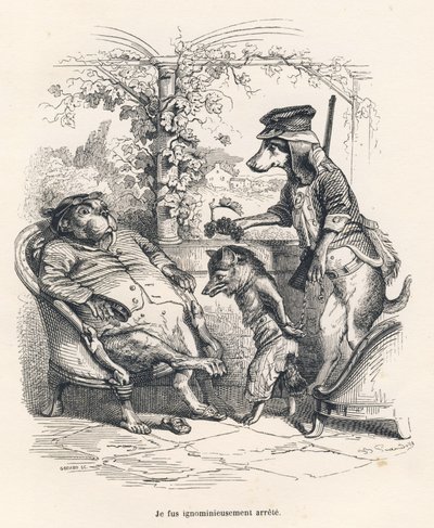 Renard arrêté par un chien. Vignettes illustrées par JJ Granville. Gravure signée Godard dans "Un renard pris au piège" écrit par Charles Nodier dans "Scènes de la vie privée et publique des animaux". Paris, J. Hetzel et Paulin - Grandville
