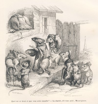 Souris faisant la charité à un cochon (Le rat philosophe) - Grandville
