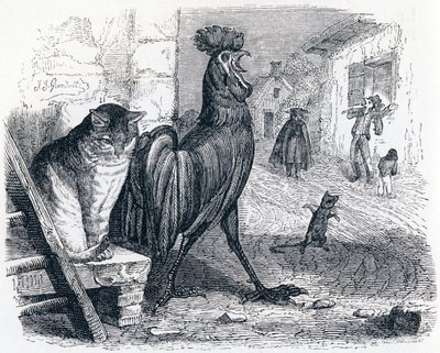 Le coq, le chat et le souriceau - Fables de La Fontaine - Grandville