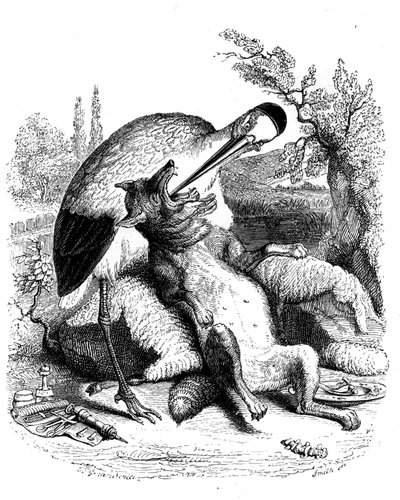 Le loup et la cigogne : fable de La Fontaine illustrée par Grandville. Édition Garnier 1860. La cigogne est représentée comme un médecin (mauvaises récompenses pour son dévouement !) - Grandville (1803 47)