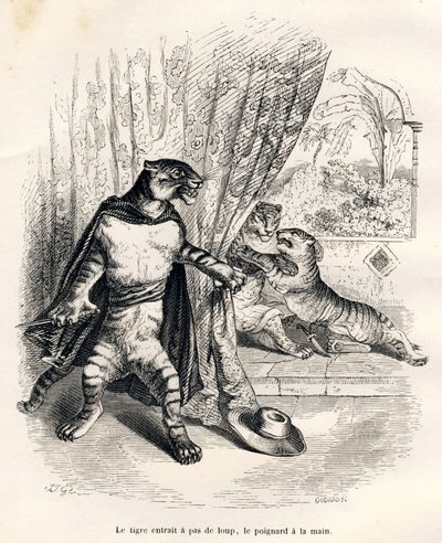 Tigre entrant sur scène le poignard à la main. Vignettes illustrées par JJ Granville. Gravure signée Godard dans la partie intitulée "Le premier feuilleton de Pistolet" écrit par Jules Janin in "Scènes de la vie privée et publique des animaux". Paris, J. H - Grandville