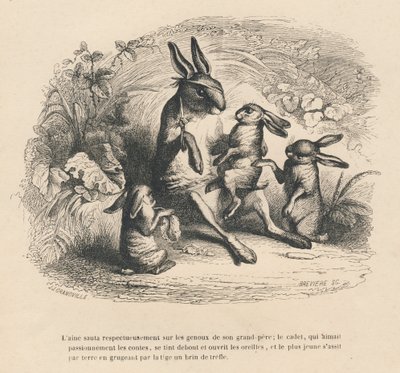 Trois enfants lapins écoutant leur grand-père blessé raconter des histoires. Vignettes illustrées par JJ Granville. Gravure signée Brévière dans "Histoire d