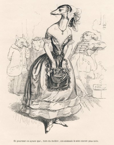 ... hors du théâtre, ces animaux-là sont encore plus laids. Vignettes illustrées par JJ Granville. Gravure signée Godard dans "Le premier feuilleton de Pistolet" écrit par Jules Janin dans "Scènes de la vie privée et publique des animaux" - Grandville