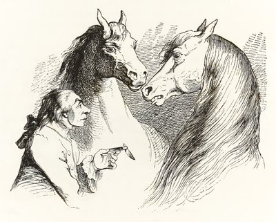 Gulliver converse avec des chevaux parlants au pays des Houyhnhnms, des Voyages de Gulliver par Jonathan Swift - Grandville
