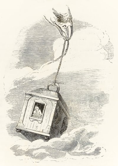 Gulliver échappe à Brobdingnag lorsque sa boîte est saisie par un aigle qui la laisse tomber dans la mer, des Voyages de Gulliver par Jonathan Swift - Grandville