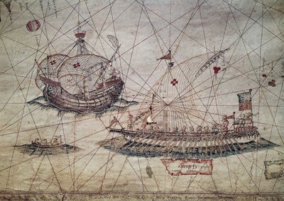 Galère et caravelle portugaise (détail de la carte nautique de la Méditerranée) - Grazioso Benincasa