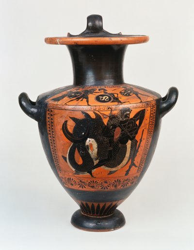 Hydrie attique à figures noires représentant Athéna et Héraclès en combat, et en dessous, Héraclès luttant avec Nérée, vers 520 av. J.-C. - Greek