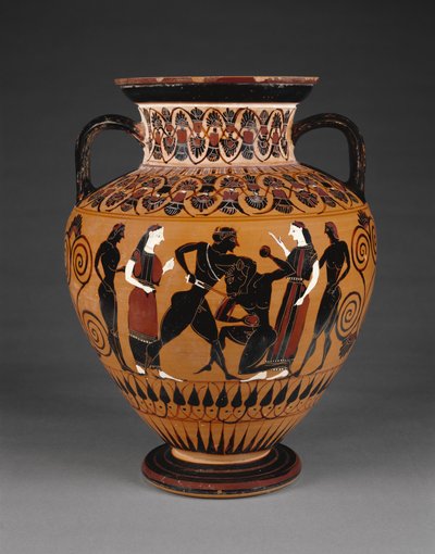 Amphore attique à figures noires avec Thésée tuant le Minotaure, c.550 av. J.-C. (terre cuite) - Greek