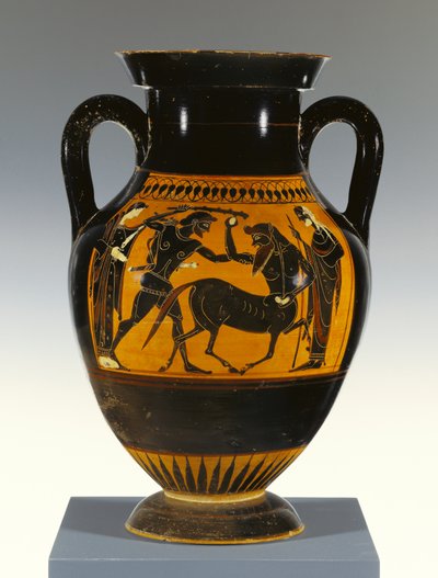 Amphore à figures noires attiques de type B avec Héraclès attaquant le centaure, 530-20 av. J.-C. (terre cuite) - Greek